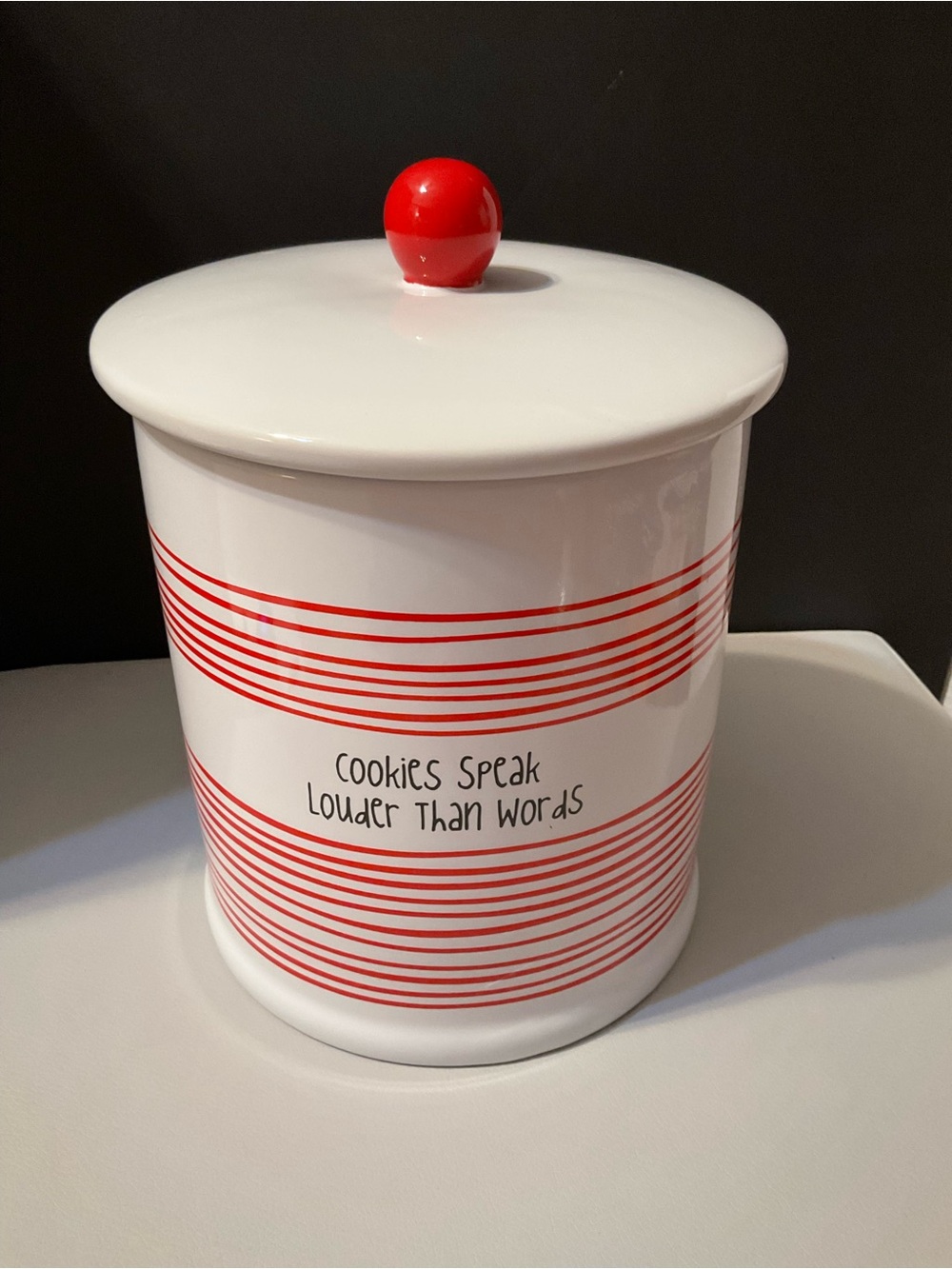 White and Red Ceramic Cookie Canister with Lid - Playful Text